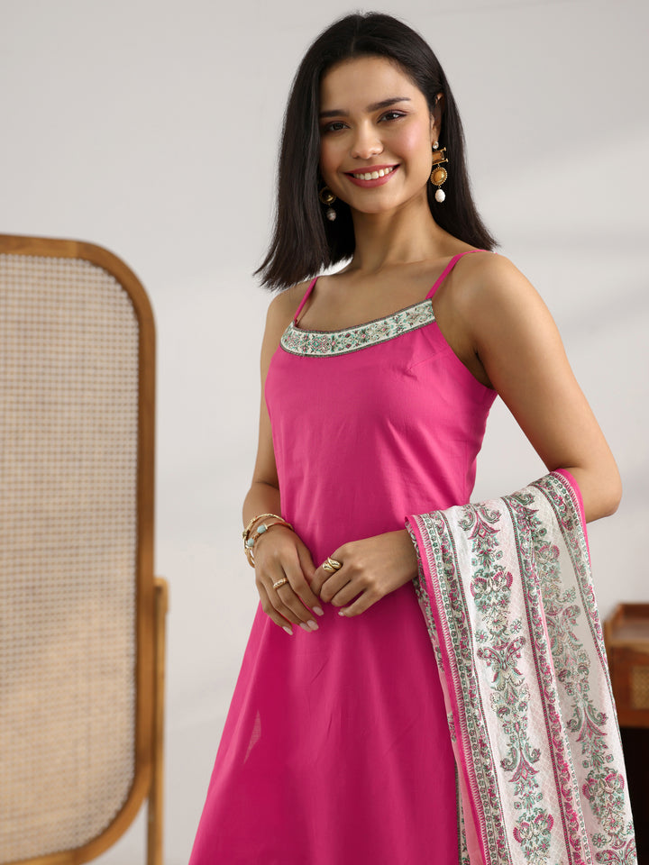 Pink Printed Cotton Straight Suit Set With Dupatta