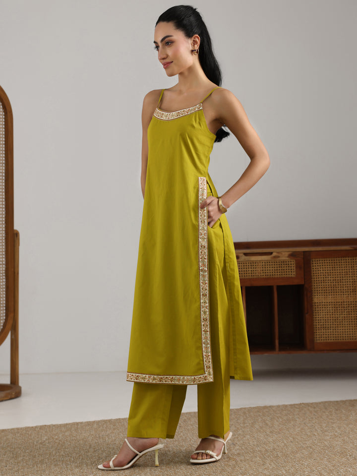 Green Printed Cotton Straight Suit Set With Dupatta