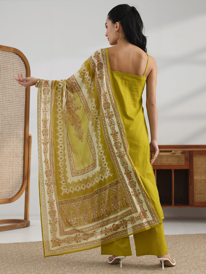 Green Printed Cotton Straight Suit Set With Dupatta