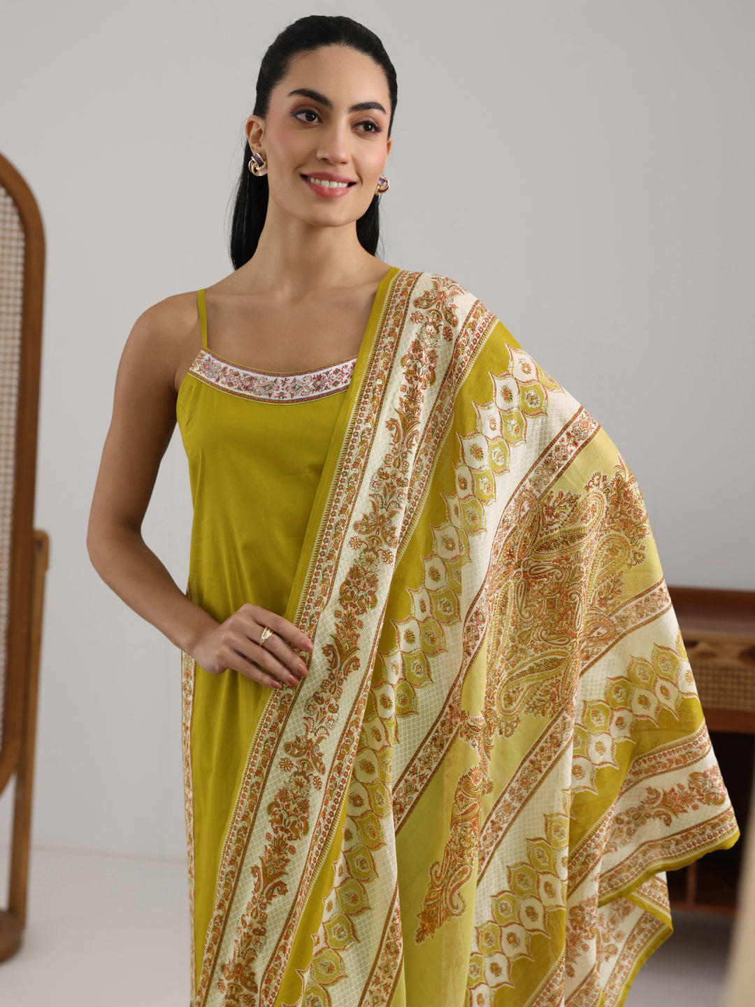 Green Printed Cotton Straight Suit Set With Dupatta