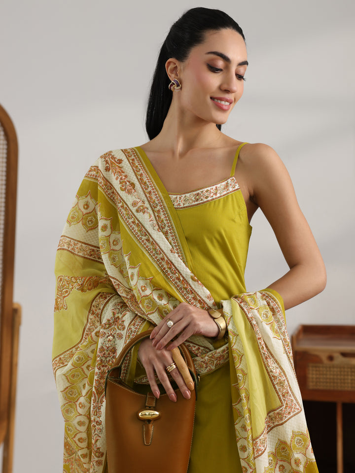 Green Printed Cotton Straight Suit Set With Dupatta