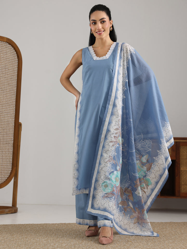 Blue Printed Cotton Straight Suit Set With Dupatta