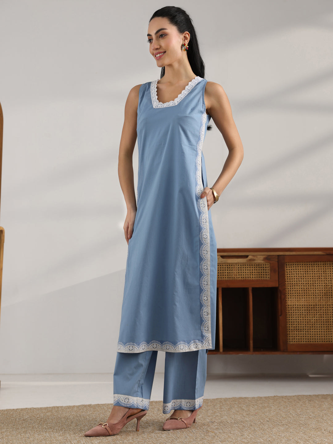 Blue Printed Cotton Straight Suit Set With Dupatta