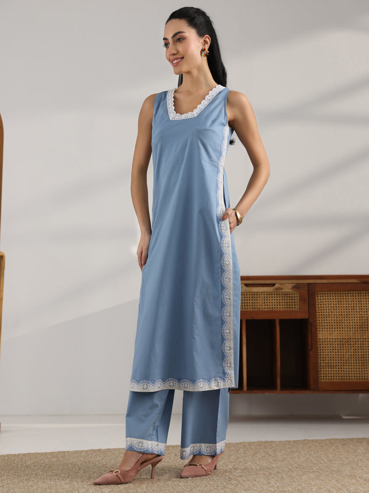 Blue Printed Cotton Straight Suit Set With Dupatta