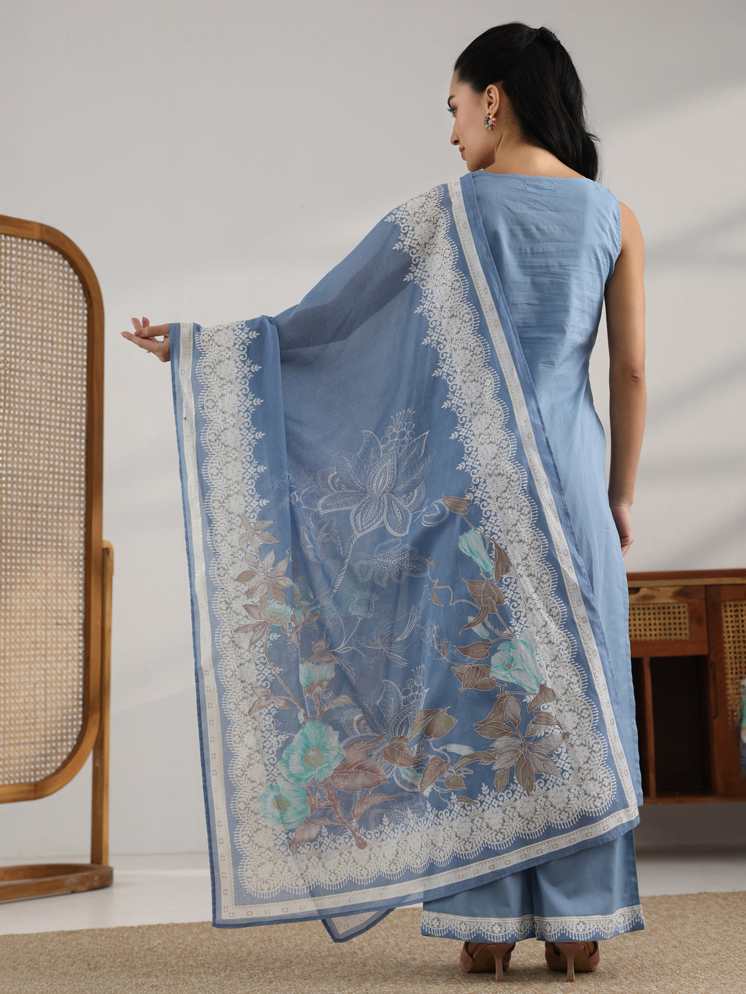 Blue Printed Cotton Straight Suit Set With Dupatta