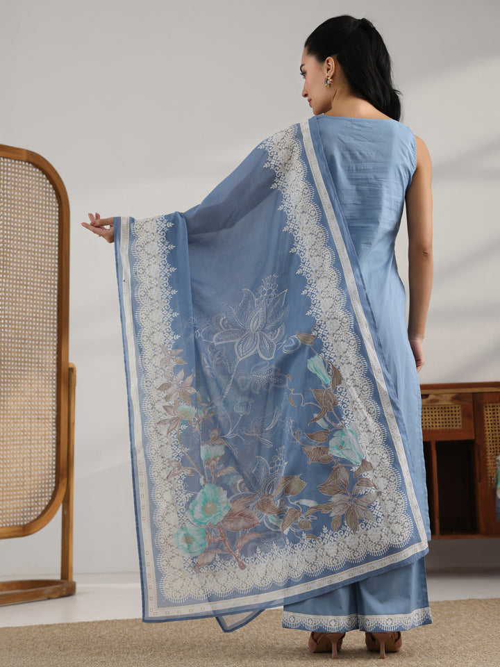Blue Printed Cotton Straight Suit Set With Dupatta