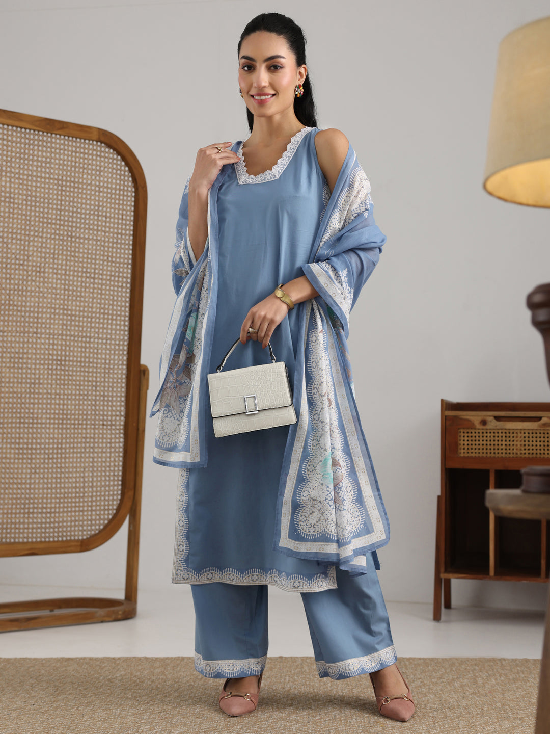 Blue Printed Cotton Straight Suit Set With Dupatta