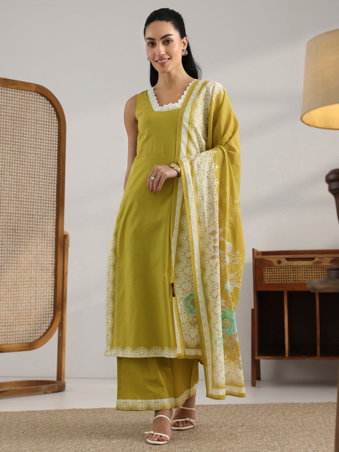 Green Printed Cotton Straight Suit Set With Dupatta