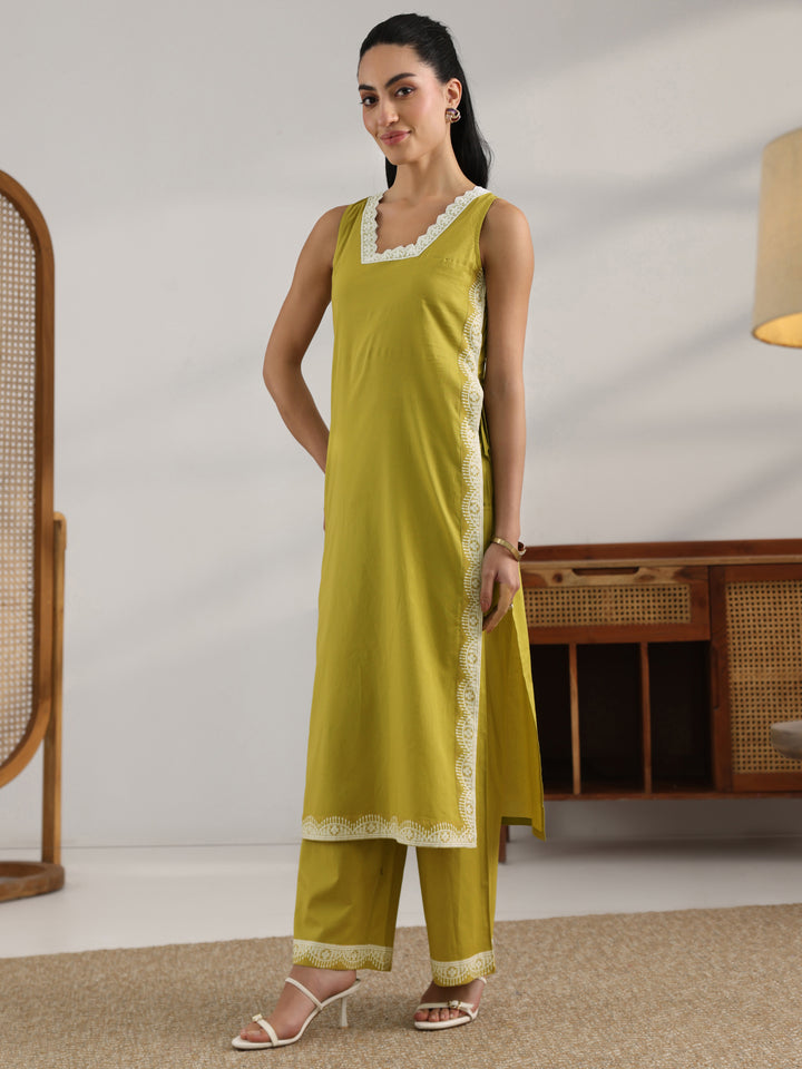 Green Printed Cotton Straight Suit Set With Dupatta