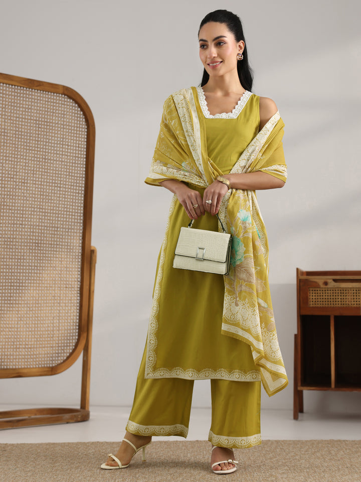 Green Printed Cotton Straight Suit Set With Dupatta