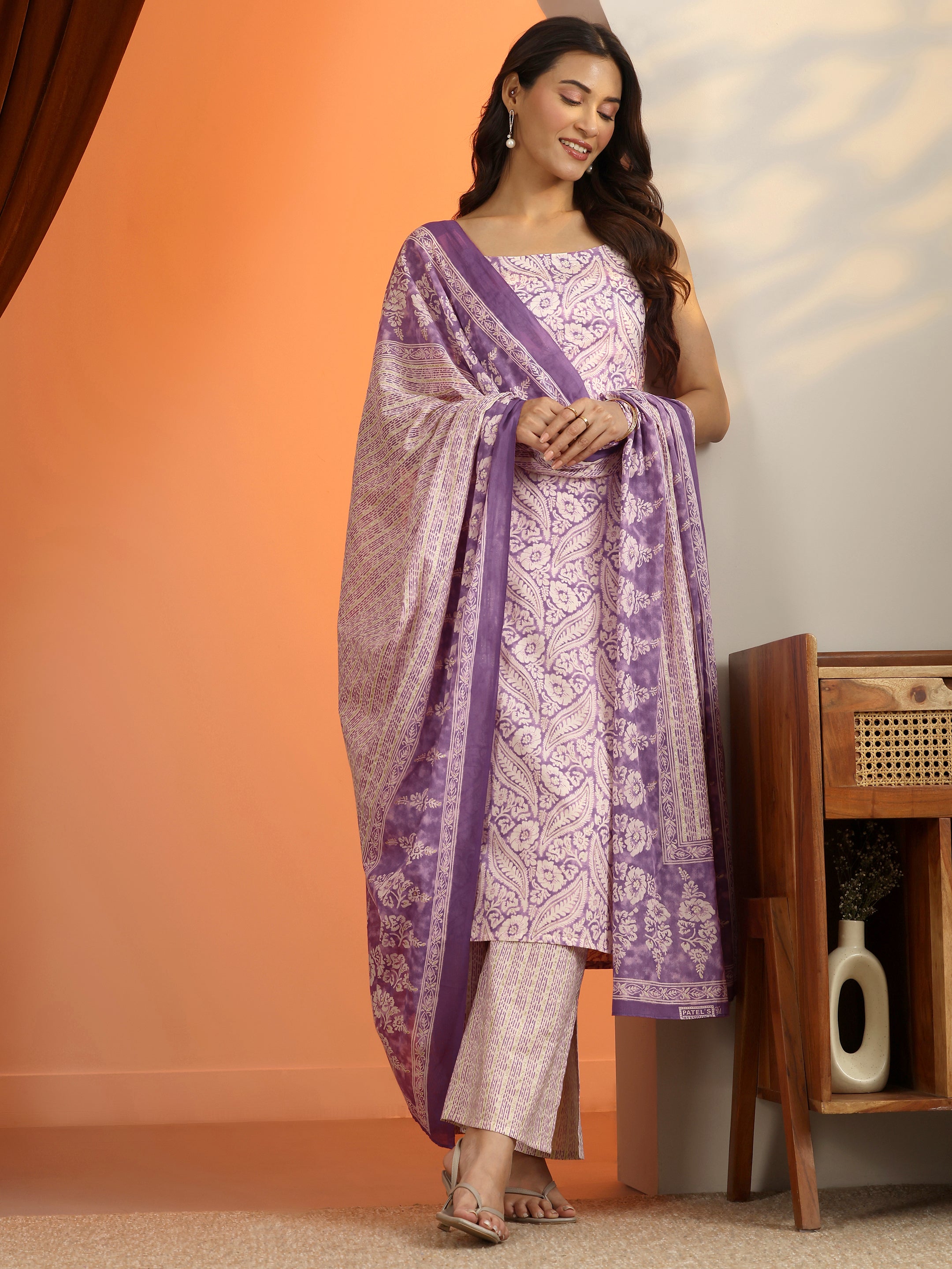 Buy Purple Printed Cotton Straight Suit Set With Dupatta Online at $32. ...