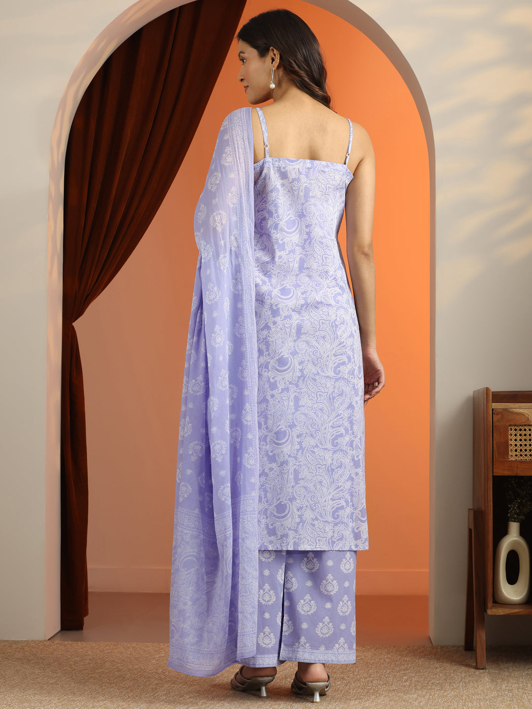 Lavender Printed Cotton Straight Suit Set With Dupatta