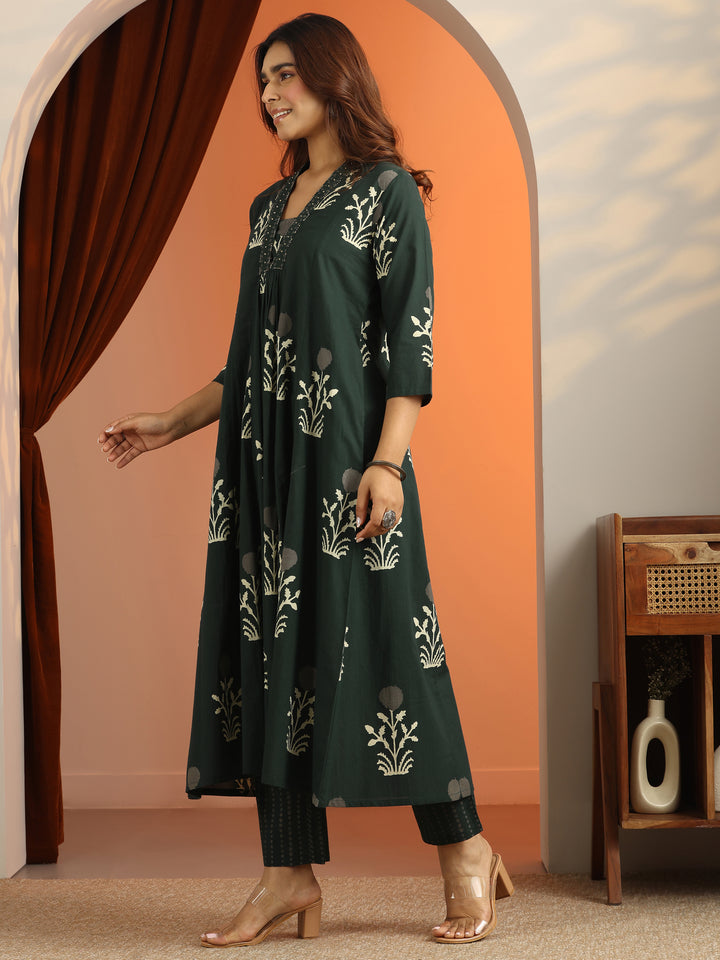 Green Printed Cotton A-Line Suit Set With Dupatta