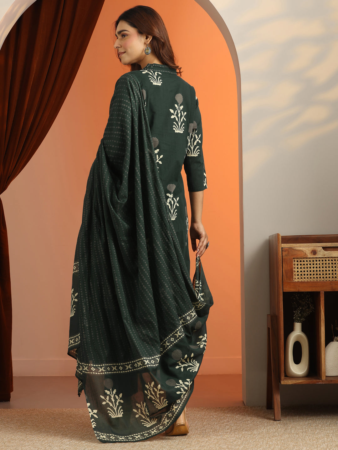 Green Printed Cotton A-Line Suit Set With Dupatta