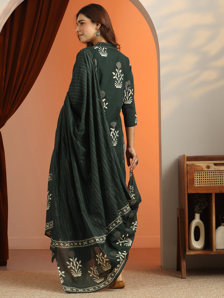 Green Printed Cotton A-Line Suit Set With Dupatta