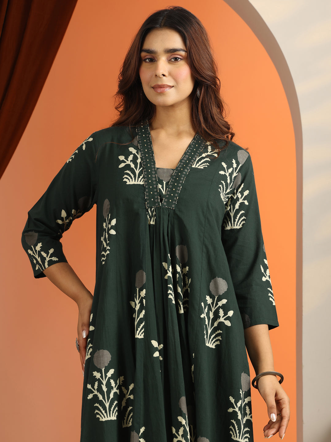 Green Printed Cotton A-Line Suit Set With Dupatta