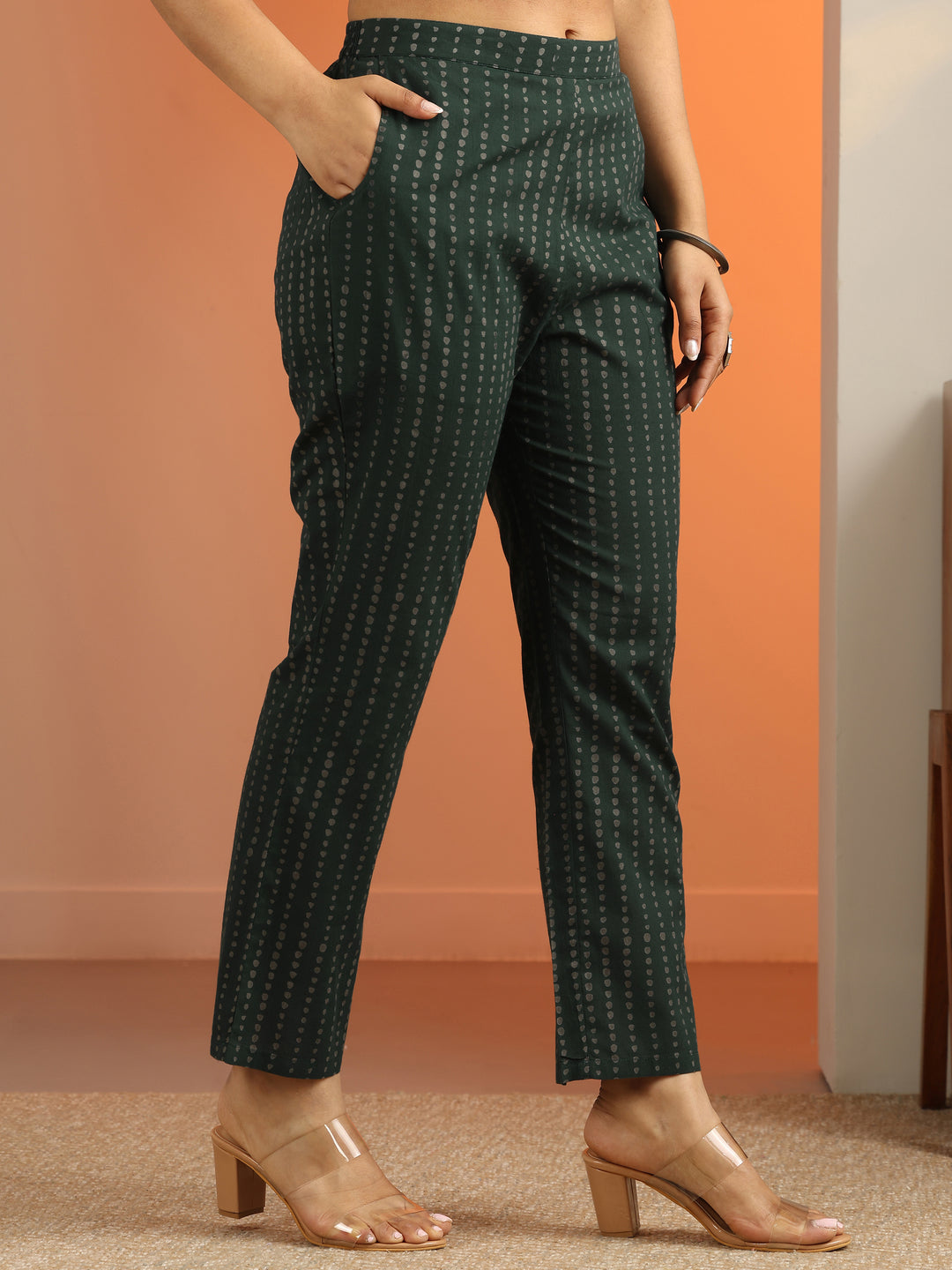 Green Printed Cotton A-Line Suit Set With Dupatta