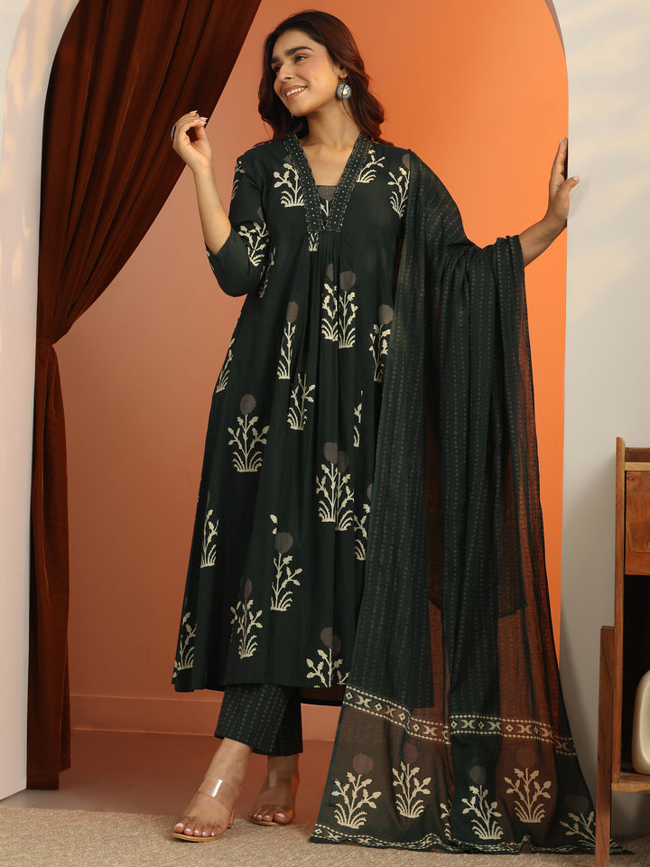 Green Printed Cotton A-Line Suit Set With Dupatta