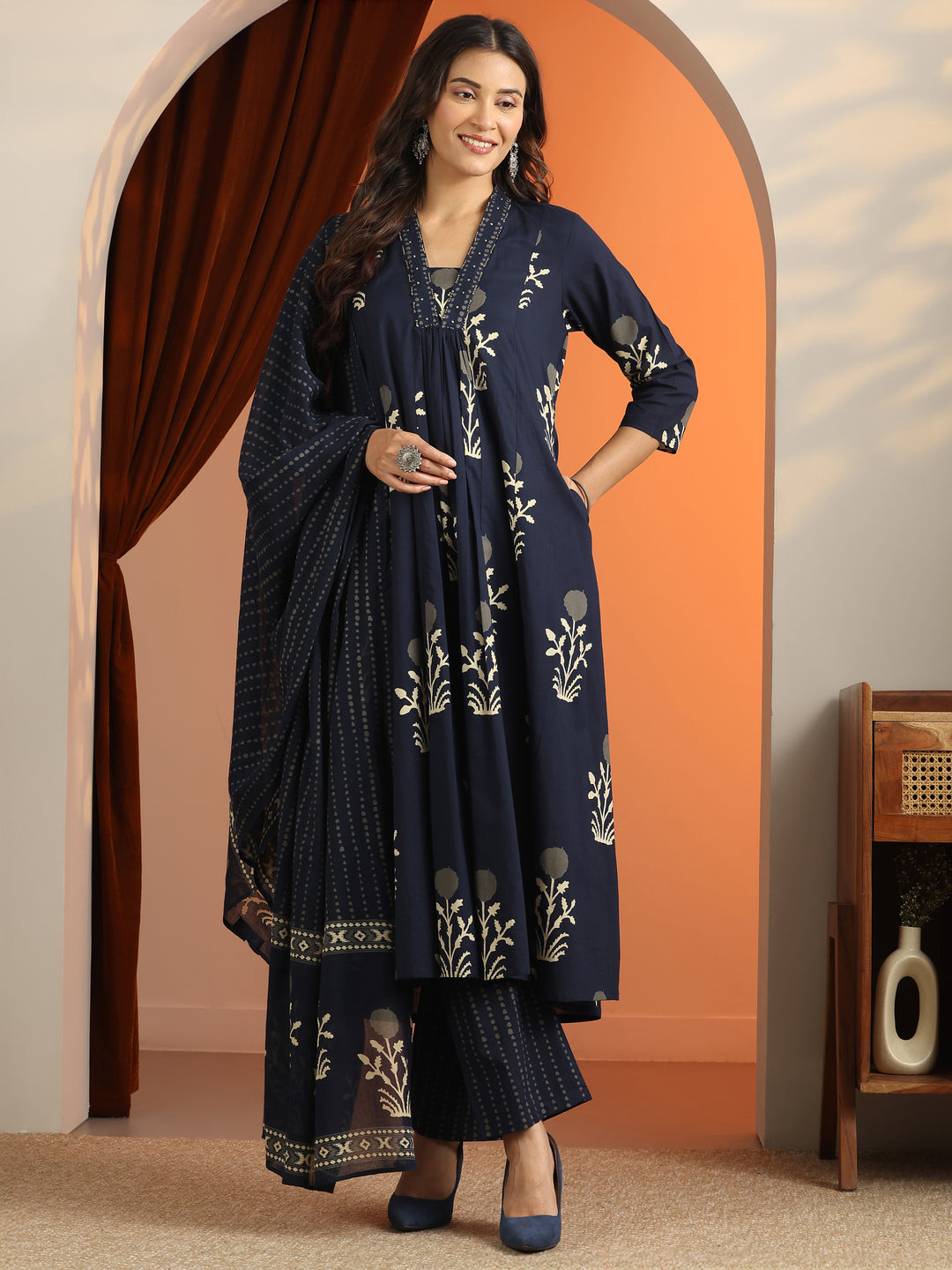 Blue Printed Cotton A-Line Suit Set With Dupatta