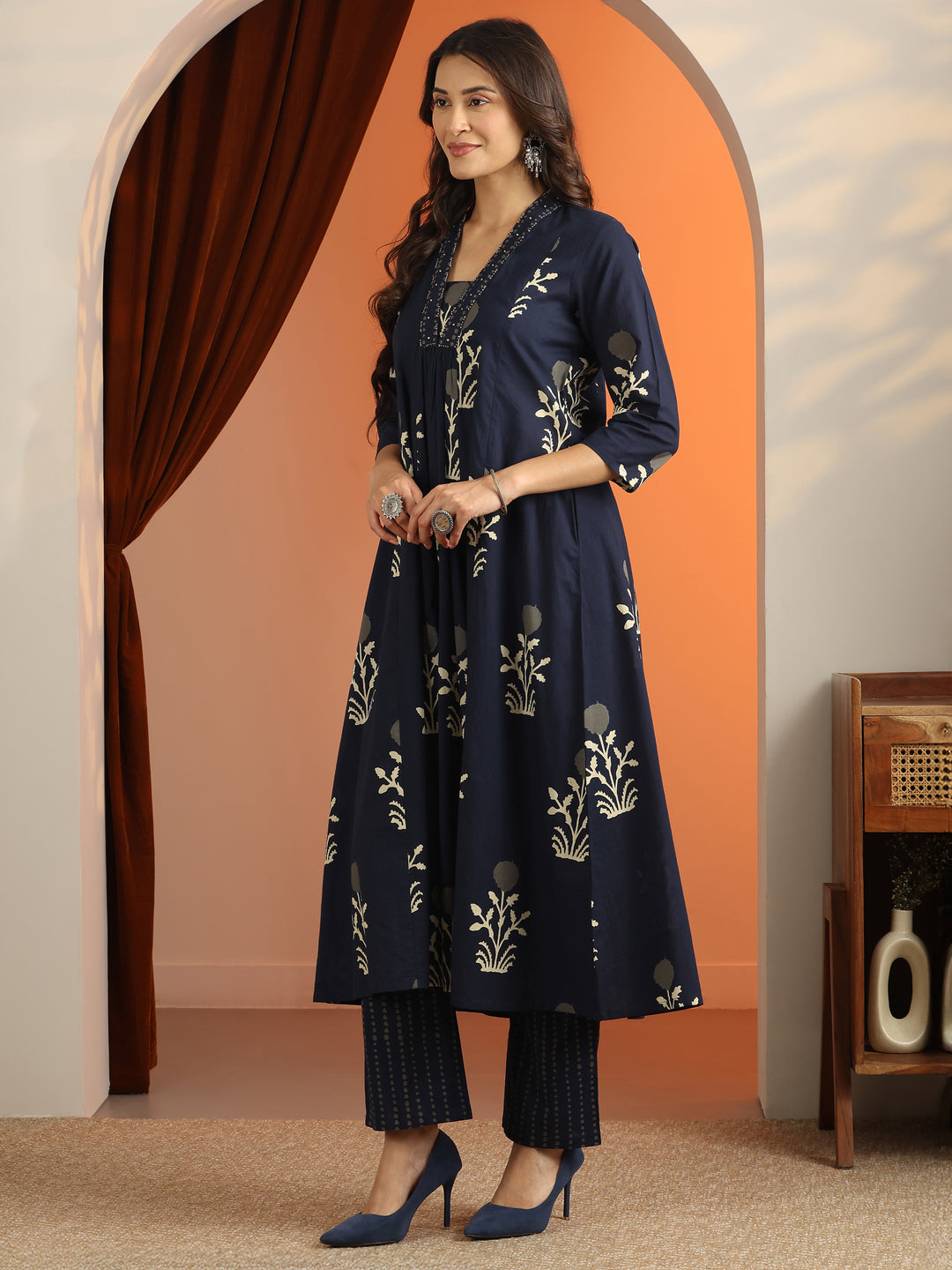 Blue Printed Cotton A-Line Suit Set With Dupatta