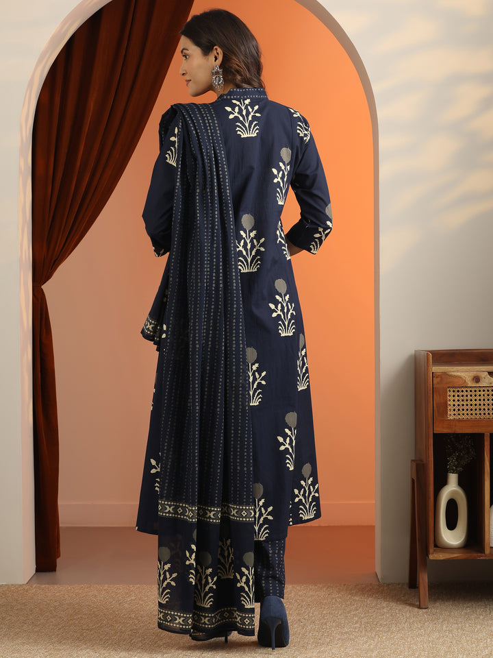 Blue Printed Cotton A-Line Suit Set With Dupatta