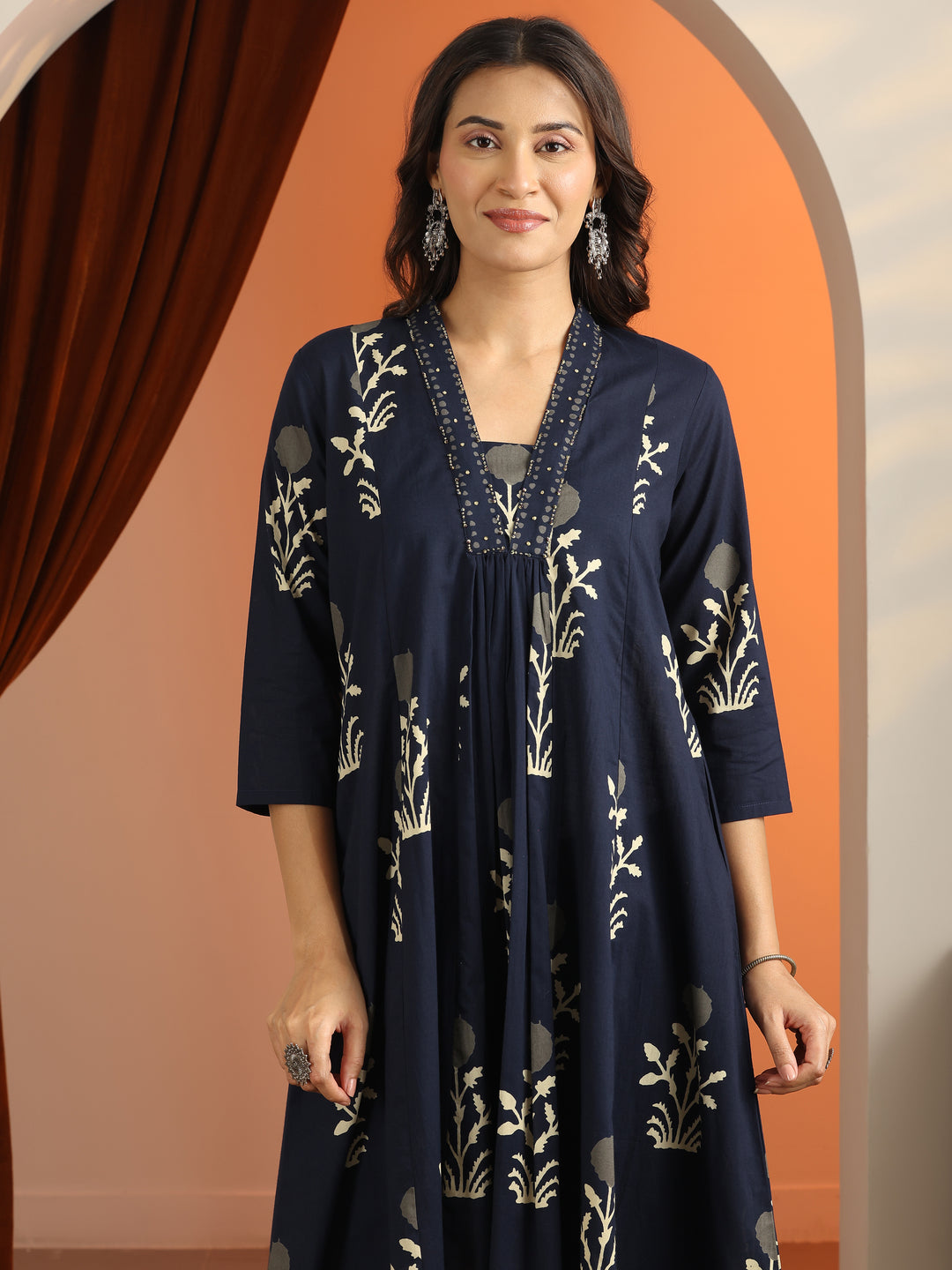 Blue Printed Cotton A-Line Suit Set With Dupatta
