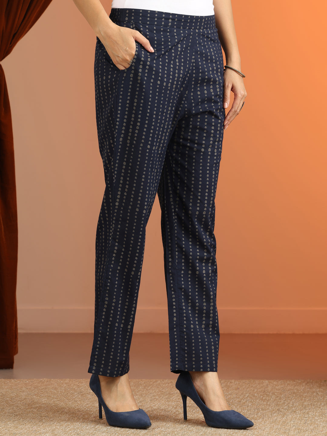 Blue Printed Cotton A-Line Suit Set With Dupatta