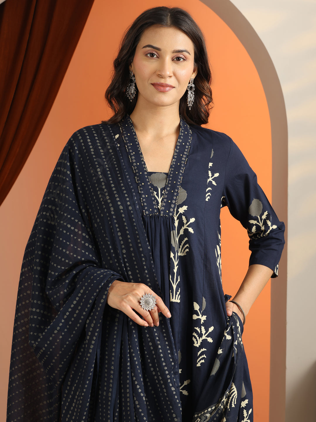 Blue Printed Cotton A-Line Suit Set With Dupatta