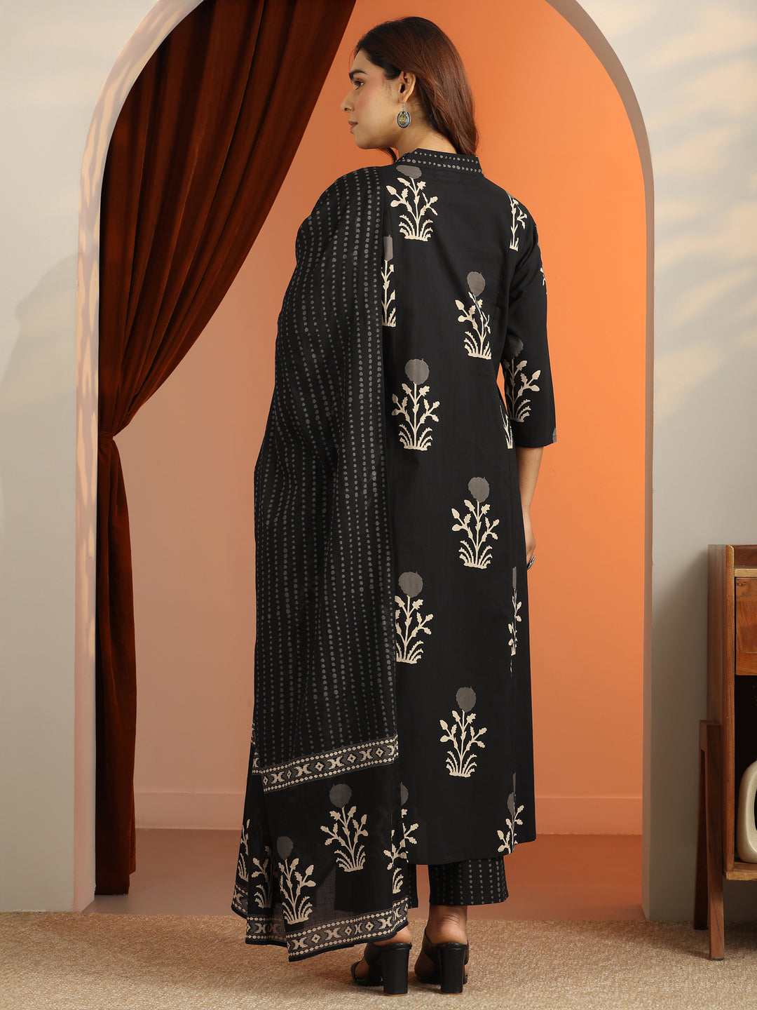 Black Printed Cotton A-Line Suit Set With Dupatta