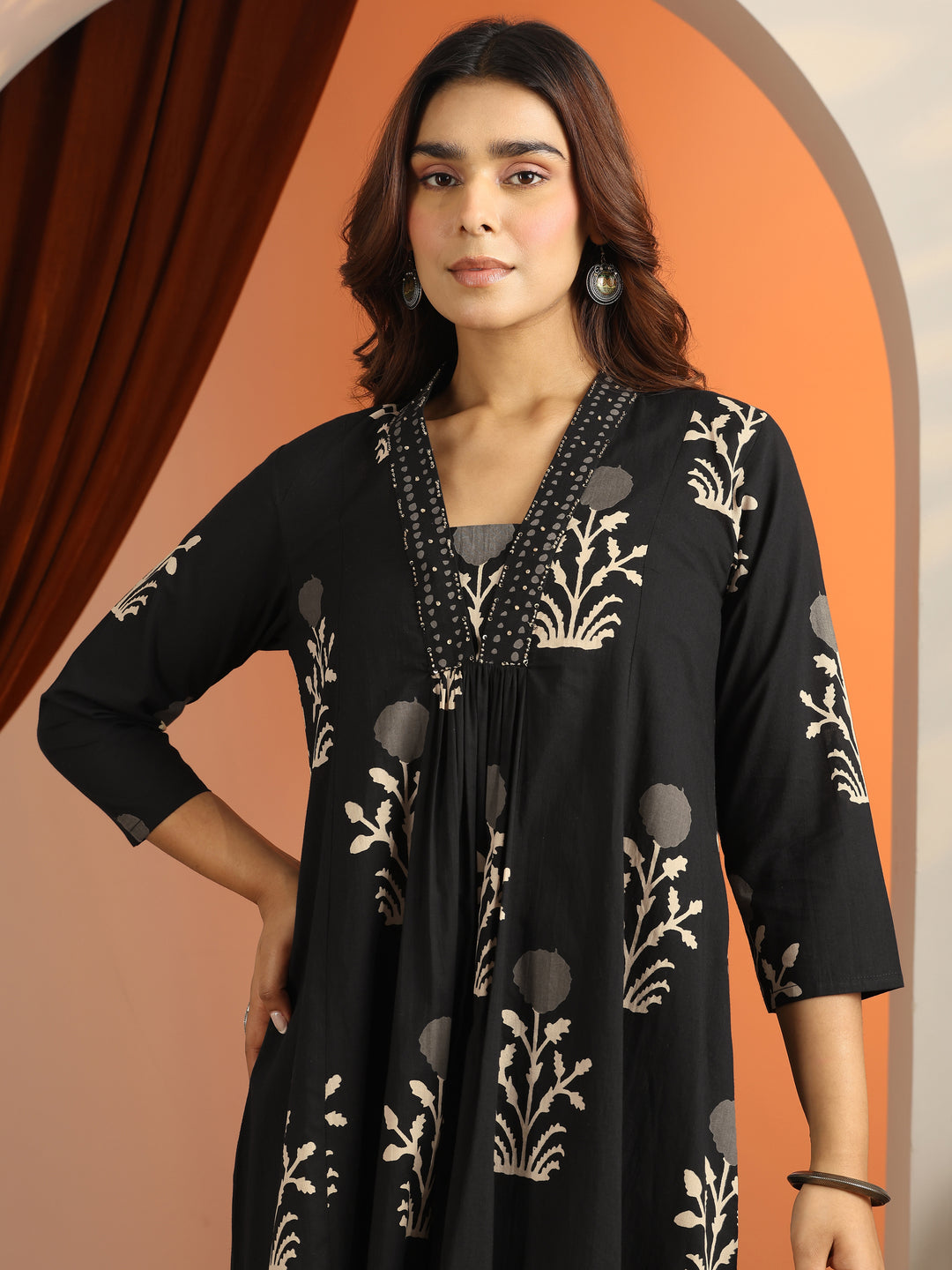 Black Printed Cotton A-Line Suit Set With Dupatta