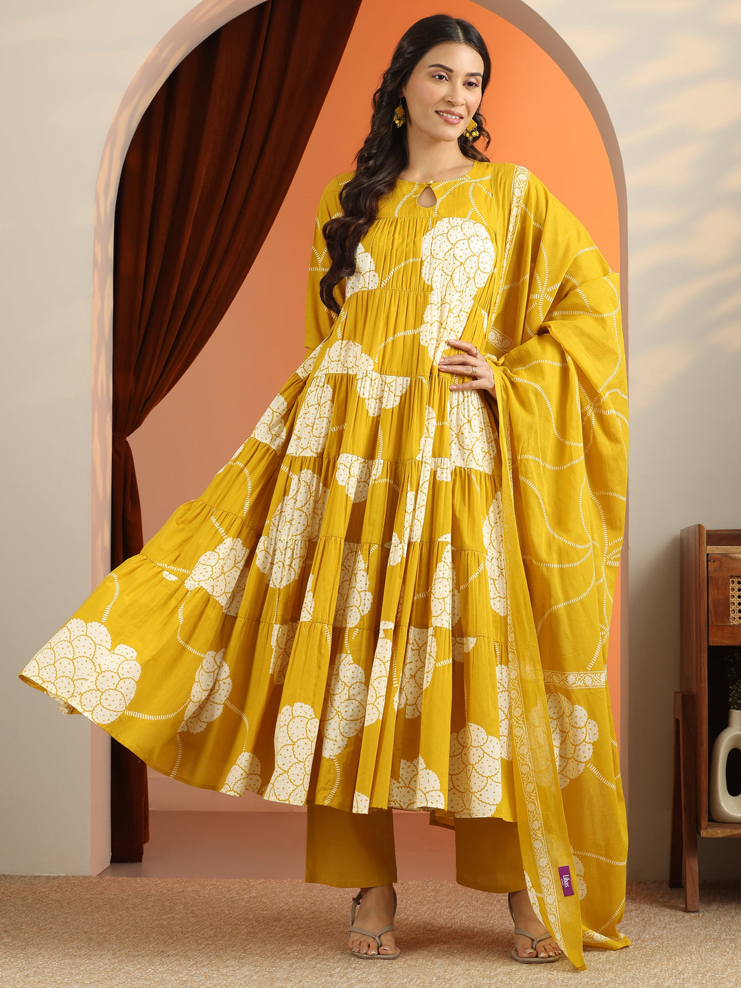 Mustard Printed Cotton Anarkali Suit Set With Dupatta