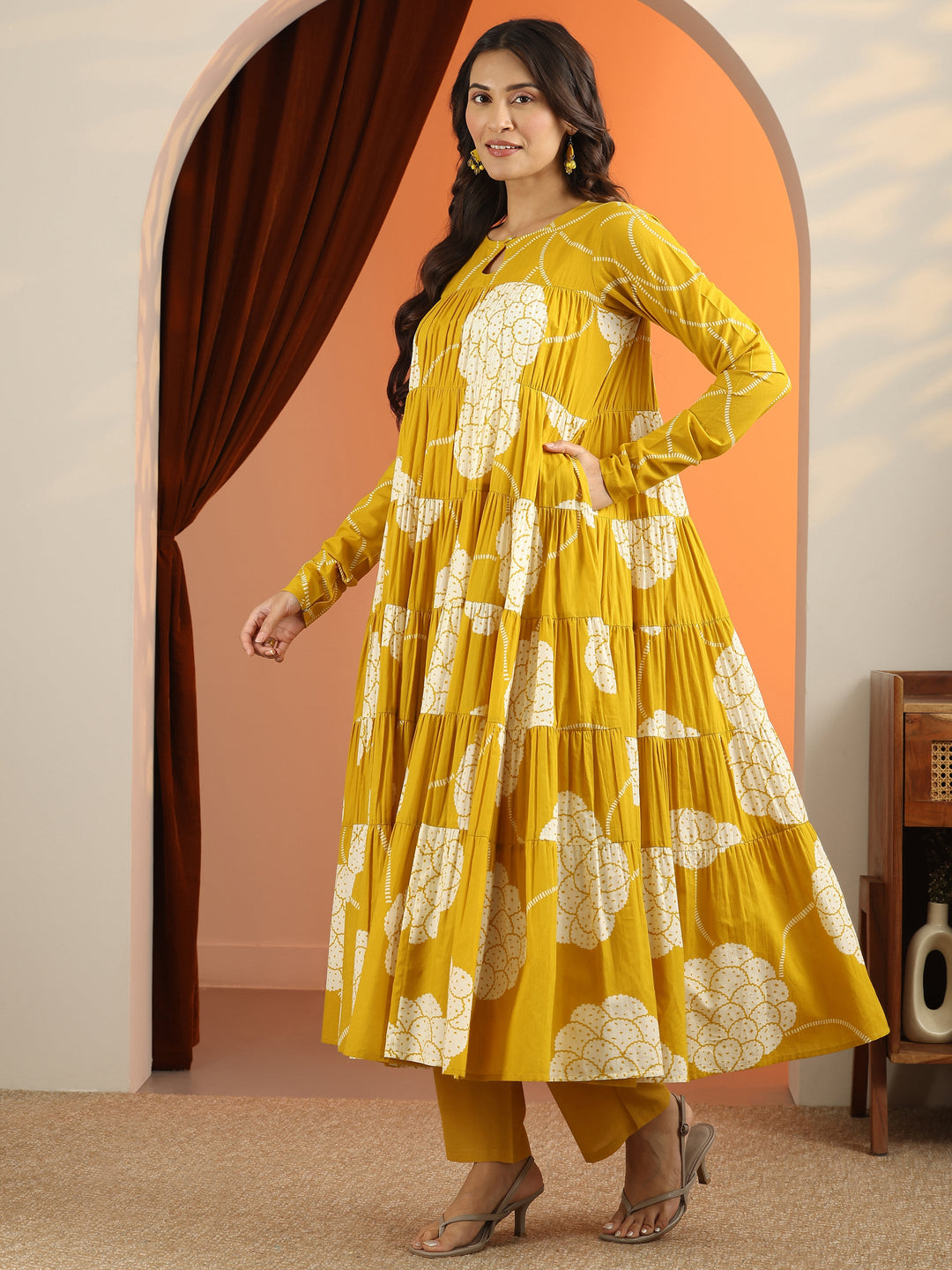 Mustard Printed Cotton Anarkali Suit Set With Dupatta