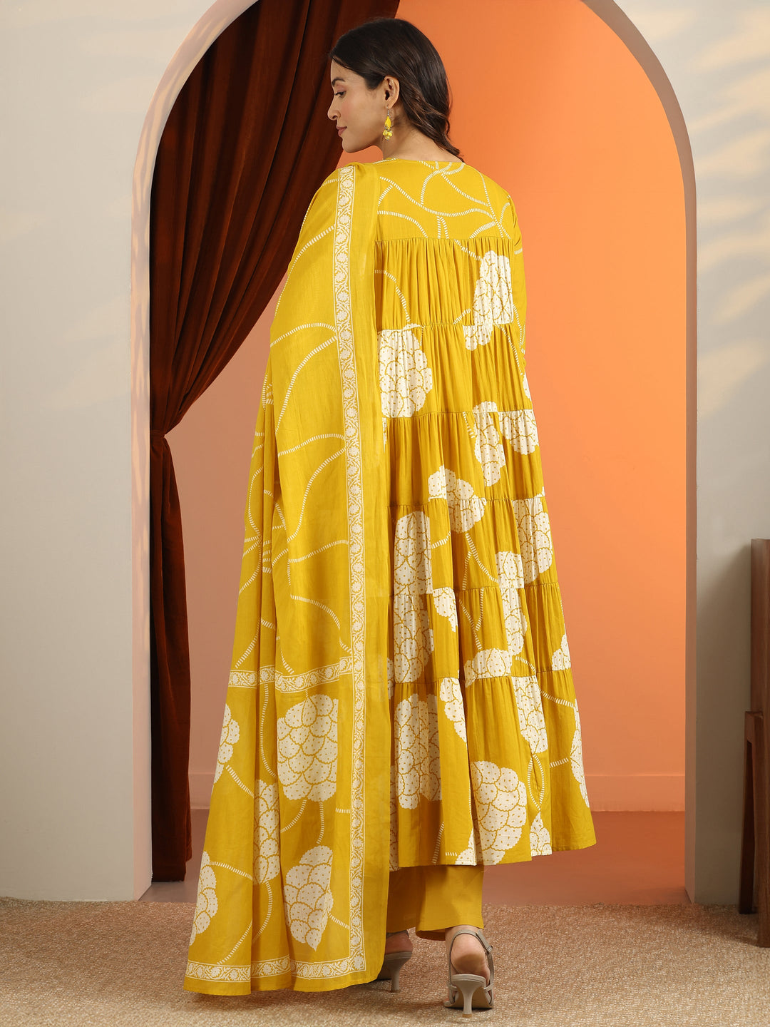 Mustard Printed Cotton Anarkali Suit Set With Dupatta