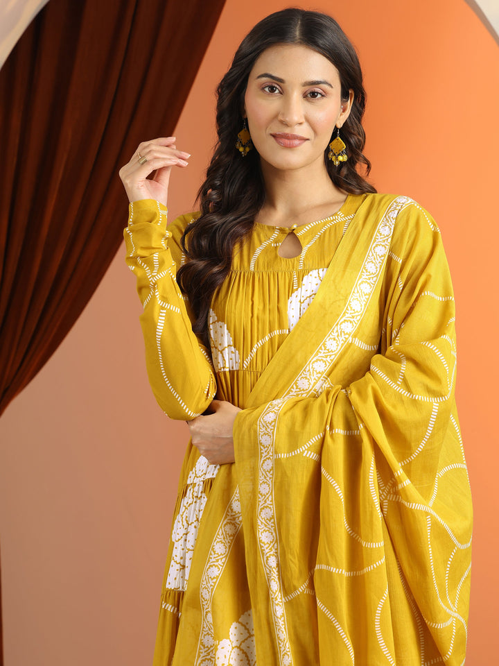 Mustard Printed Cotton Anarkali Suit Set With Dupatta
