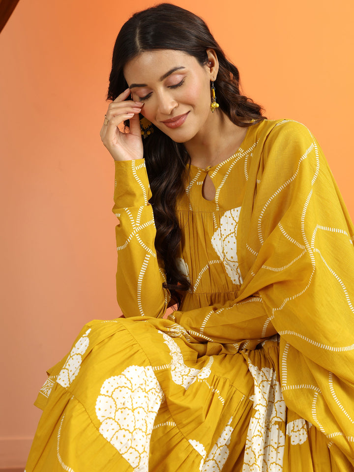 Mustard Printed Cotton Anarkali Suit Set With Dupatta
