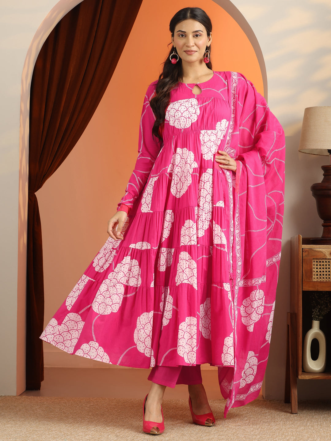 Pink Printed Cotton Anarkali Suit Set With Dupatta