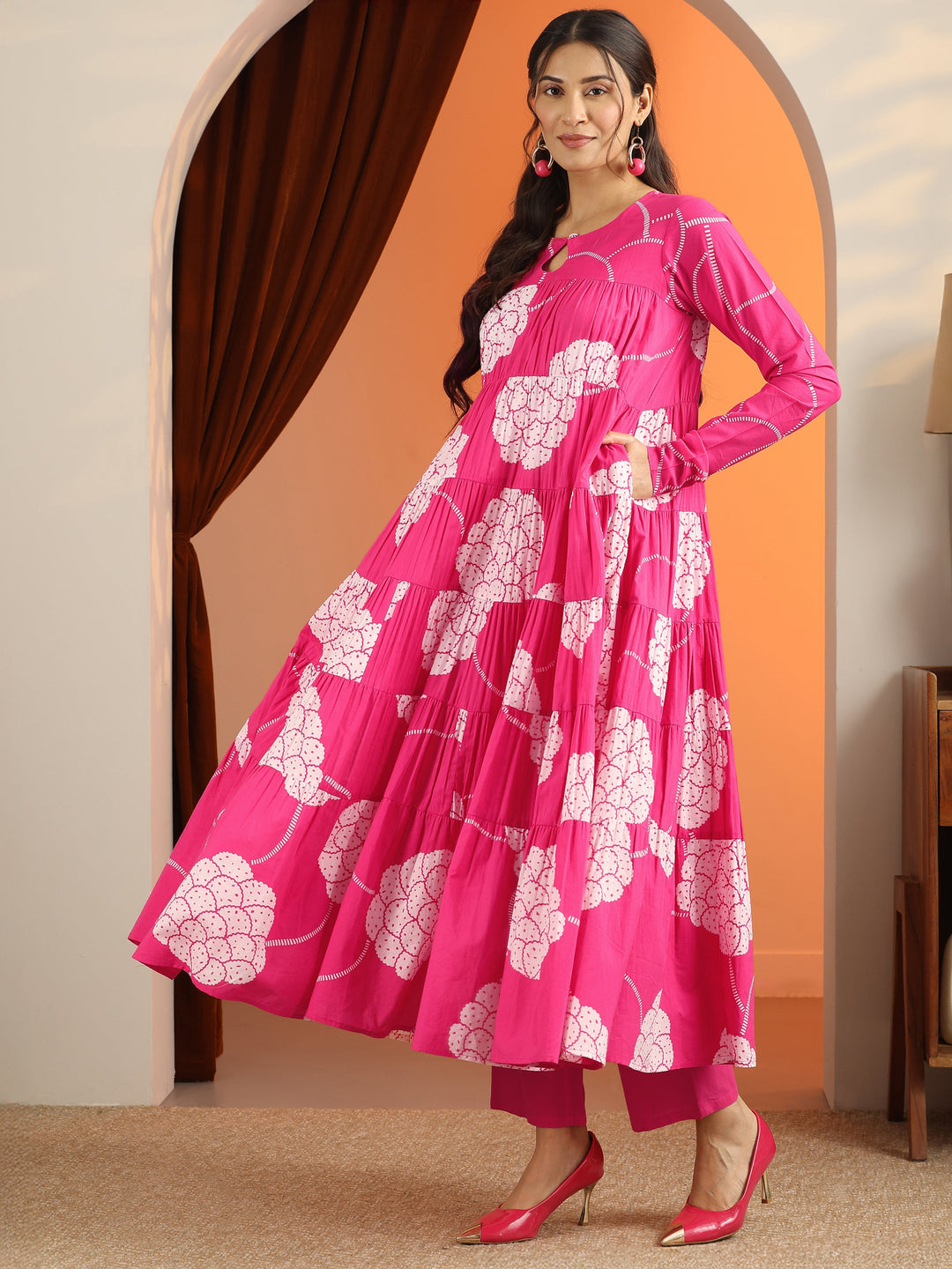 Pink Printed Cotton Anarkali Suit Set With Dupatta