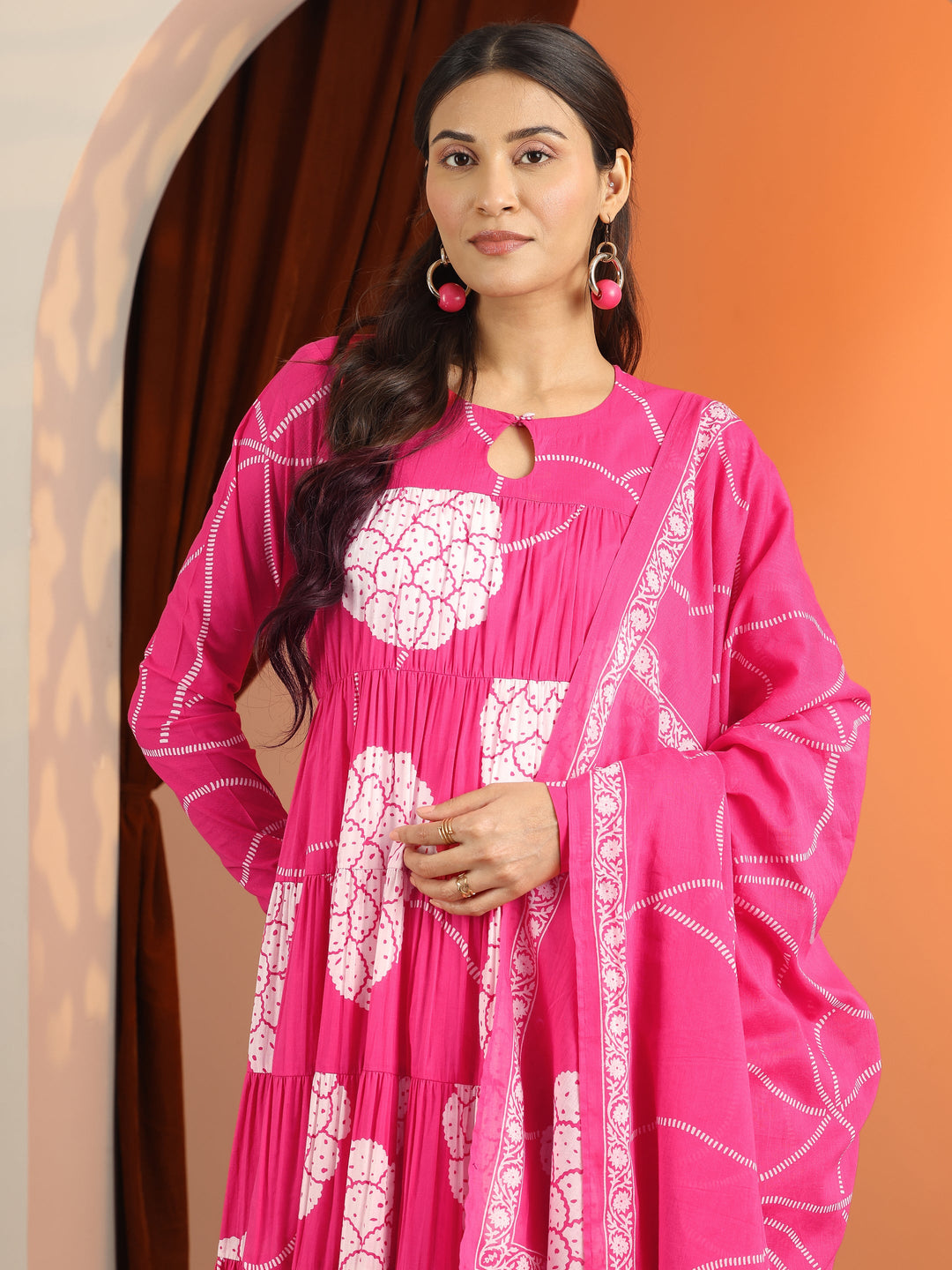 Pink Printed Cotton Anarkali Suit Set With Dupatta