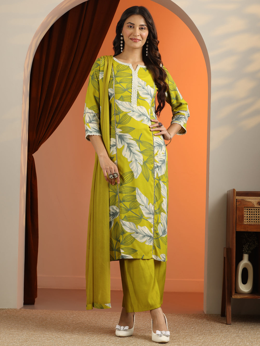 Green Printed Rayon Straight Suit Set With Dupatta