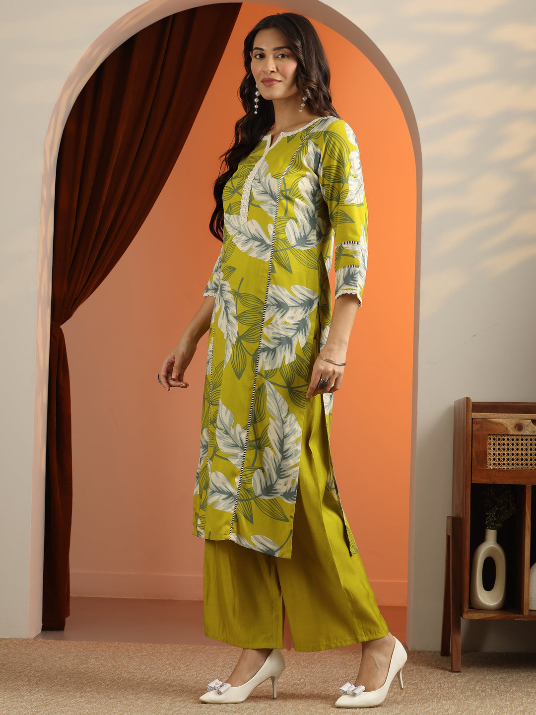 Green Printed Rayon Straight Suit Set With Dupatta