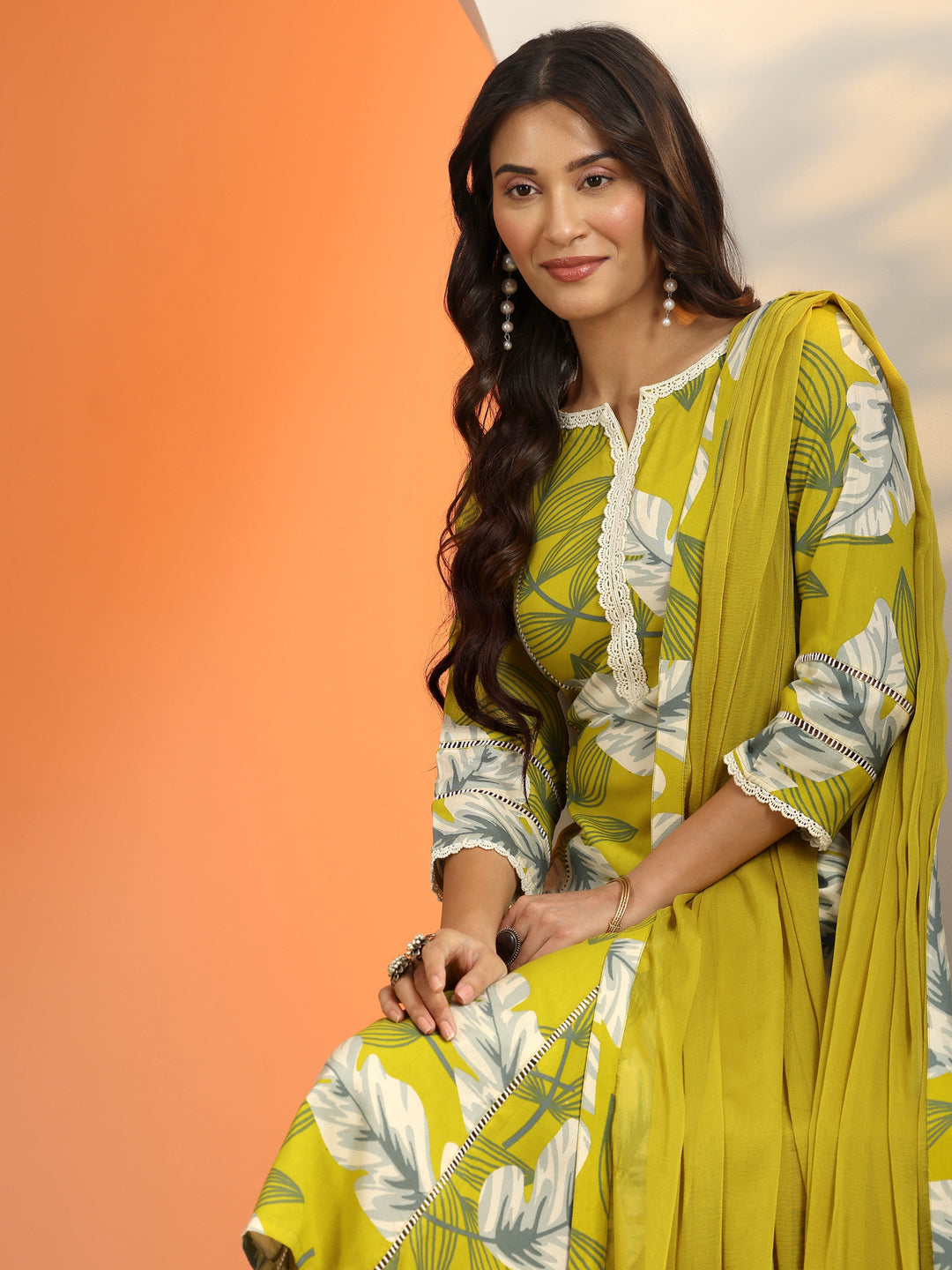 Green Printed Rayon Straight Suit Set With Dupatta
