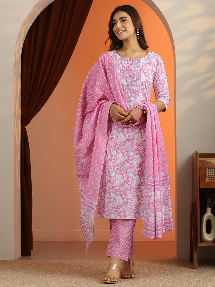 Pink Printed Cotton Straight Suit Set With Dupatta