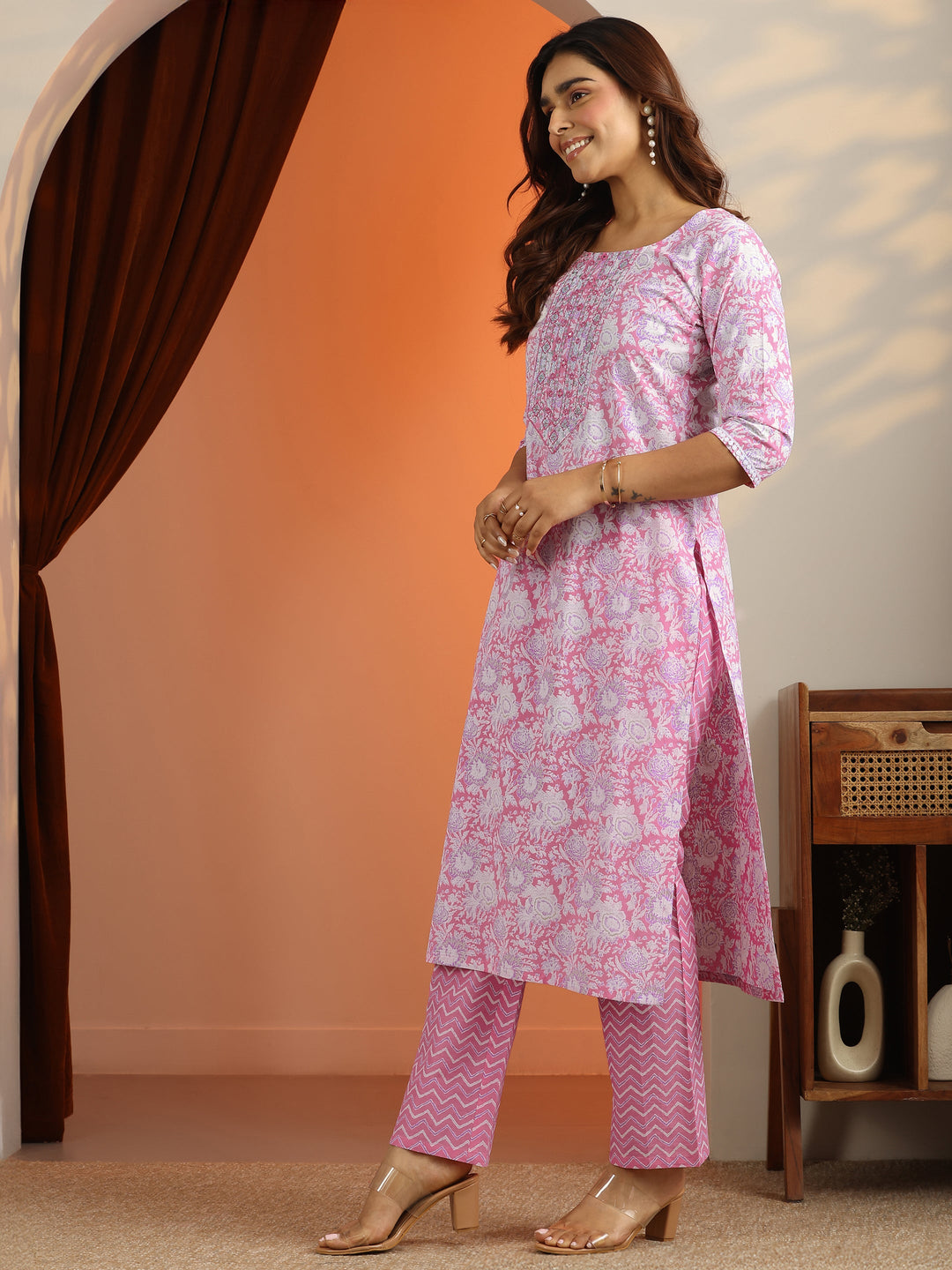 Pink Printed Cotton Straight Suit Set With Dupatta
