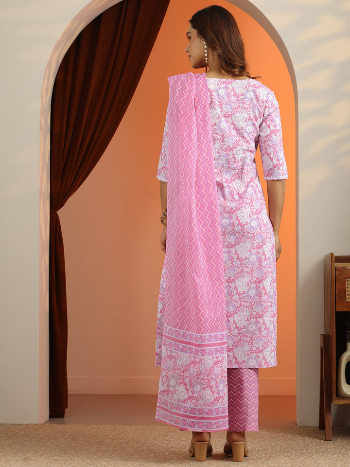 Pink Printed Cotton Straight Suit Set With Dupatta