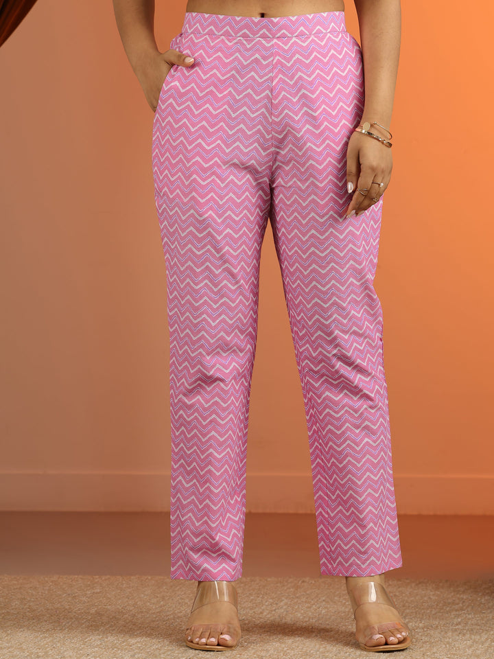 Pink Printed Cotton Straight Suit Set With Dupatta