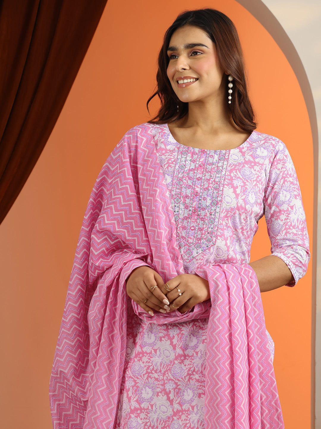 Pink Printed Cotton Straight Suit Set With Dupatta