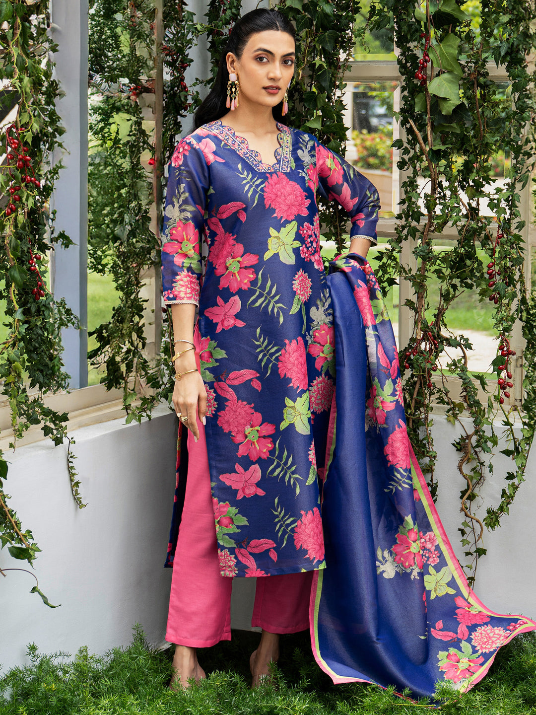 Blue Printed Silk Blend Straight Suit Set With Dupatta