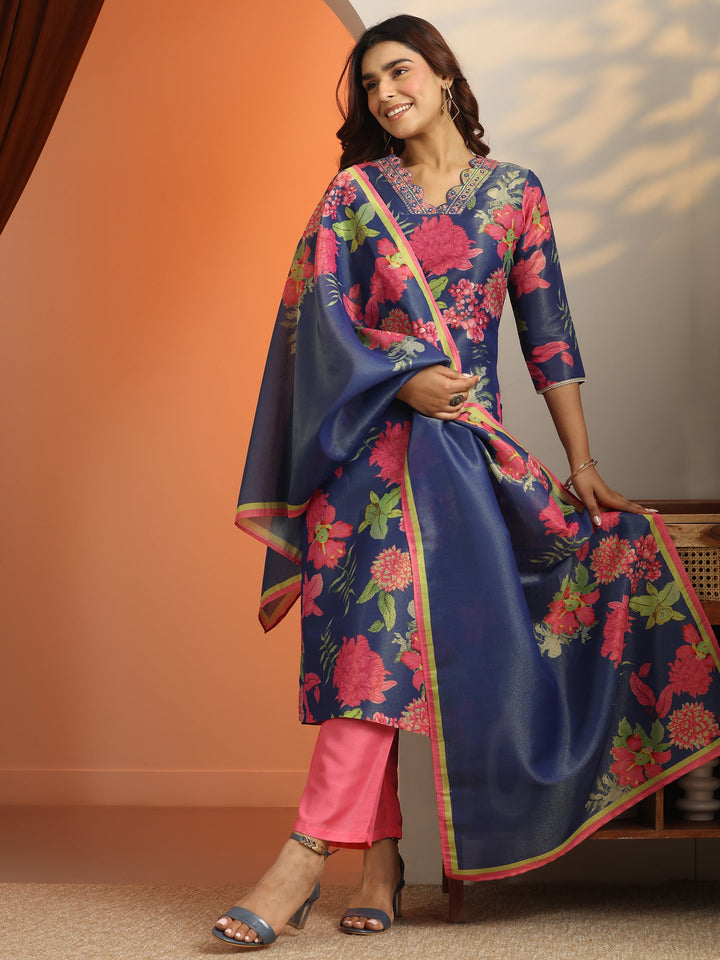 Blue Printed Silk Blend Straight Suit Set With Dupatta