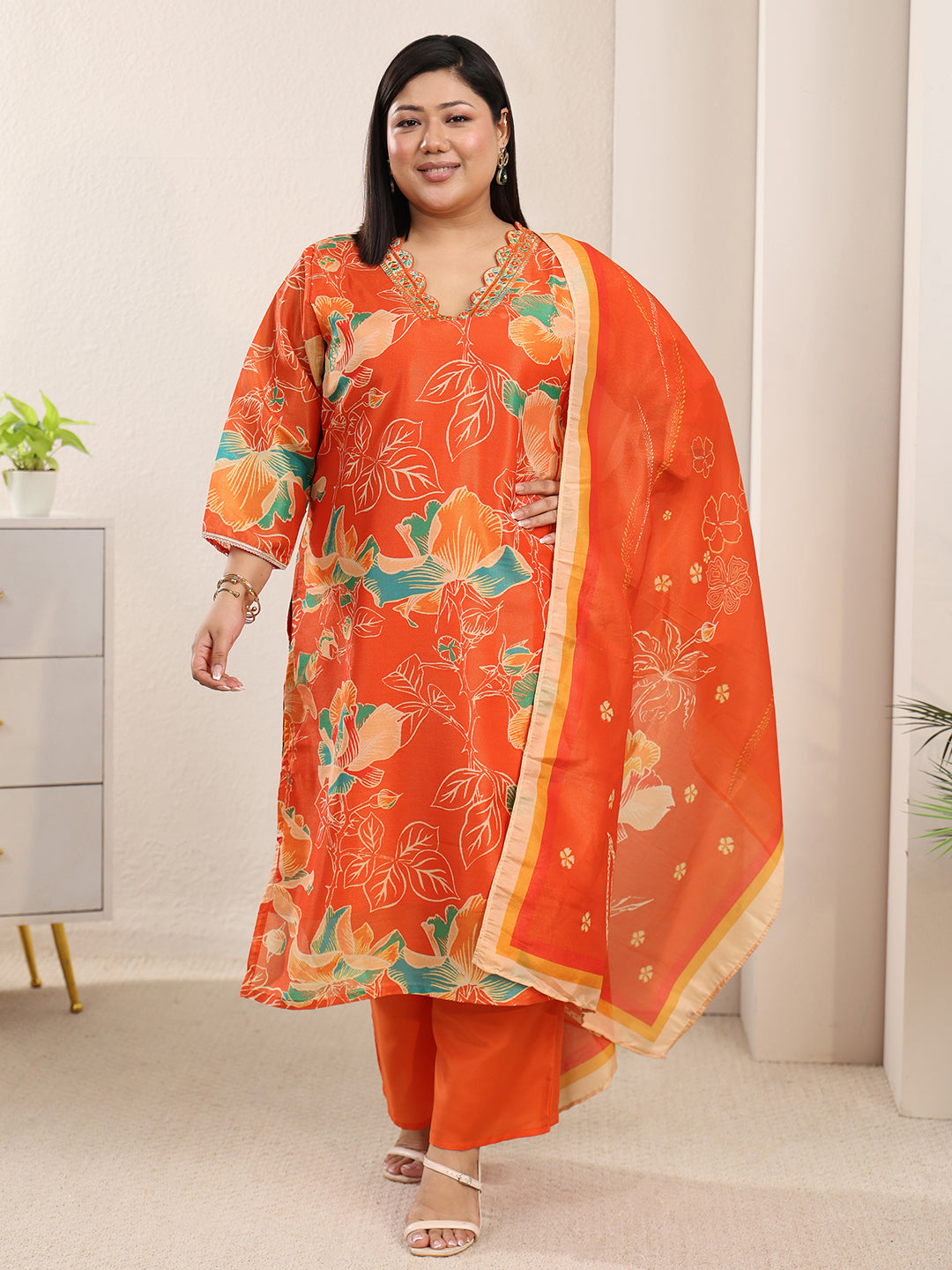 Plus Size Orange Printed Silk Blend Straight Suit Set With Dupatta