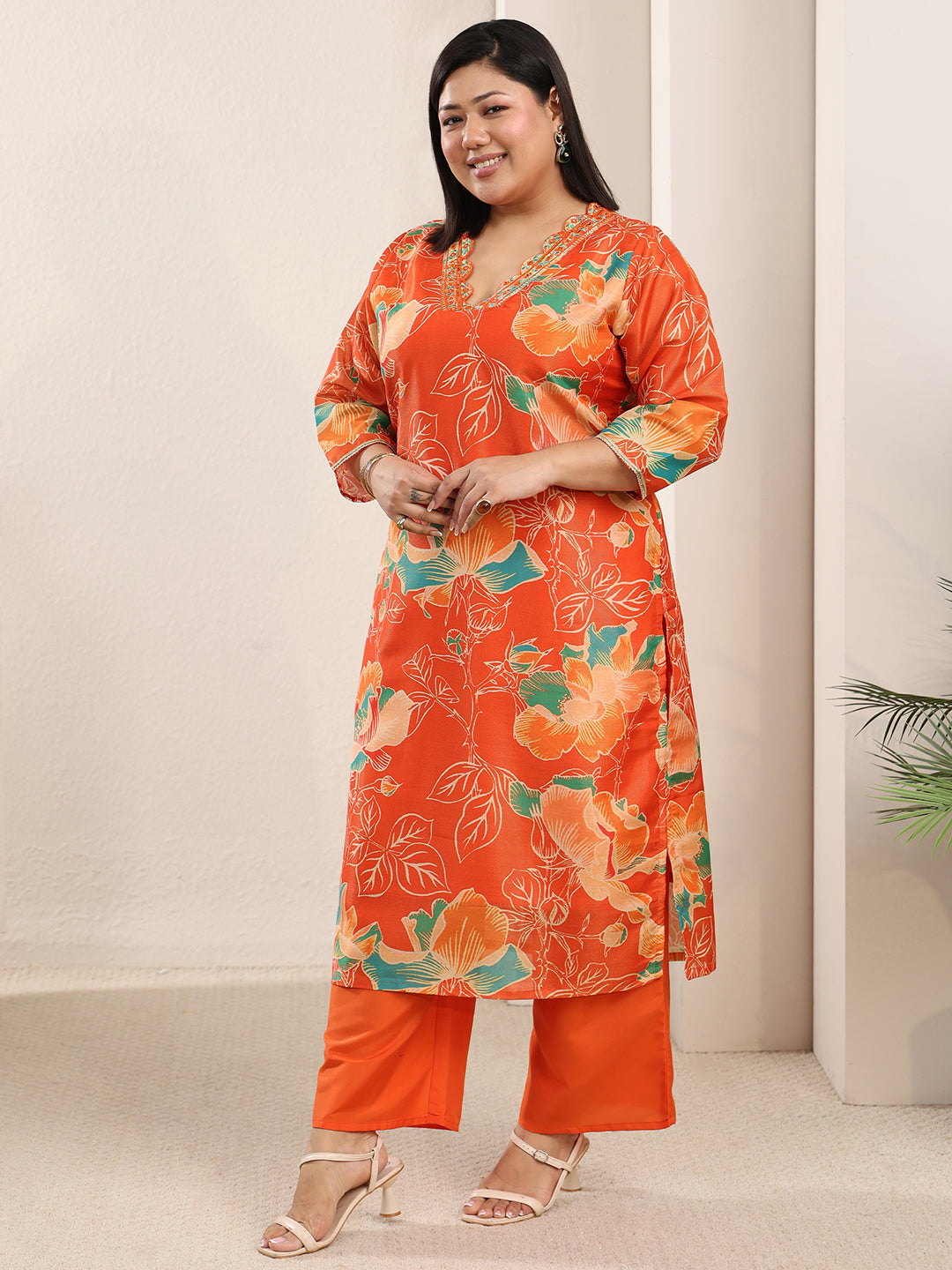 Plus Size Orange Printed Silk Blend Straight Suit Set With Dupatta
